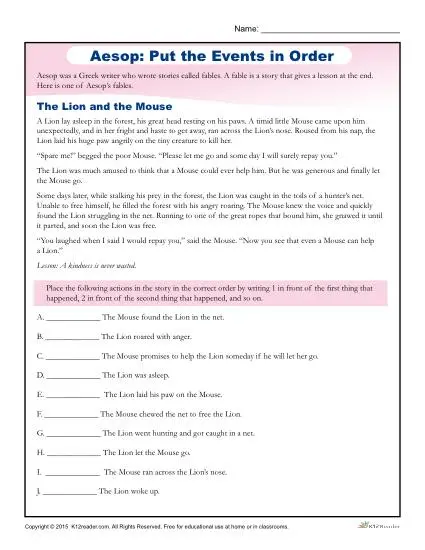 Aesop: Put the Events in Order Worksheet