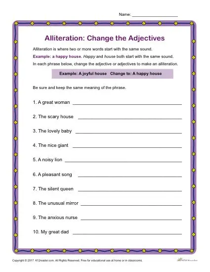 Alliteration: Change the Adjectives | Grammar Activity