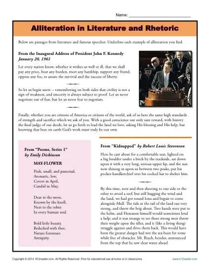 Alliteration in Literature and Rhetoric - Printable Worksheet Lesson Activity