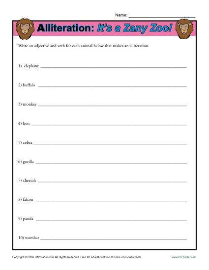 Alliteration It's a Zany Zoo - Printable Worksheet Lesson Activity