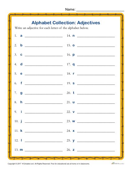 Write an Adjective for Every Letter of the Alphabet Activity