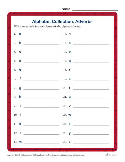 Write an Adverb for Every Letter of the Alphabet Activity