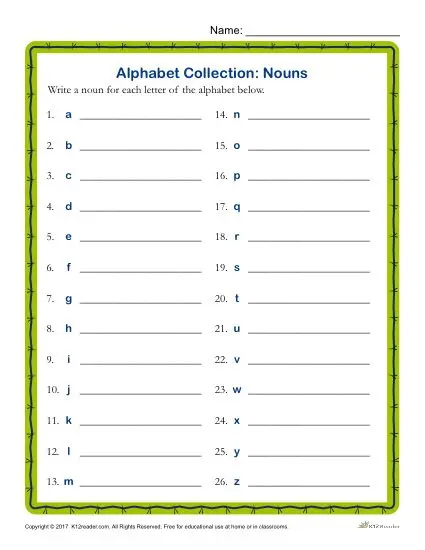 Write a Noun for Every Letter of the Alphabet Activity