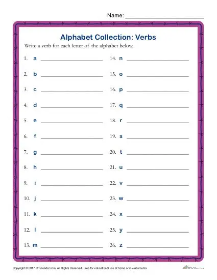 Write a Verb for Each Letter of the Alphabet Activity