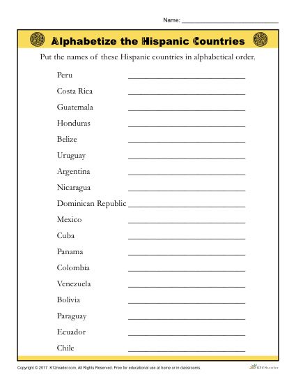 Hispanic Heritage Month Activity | Alphabetize the Countries