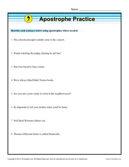 Apostrophe Practice | Punctuation Worksheets