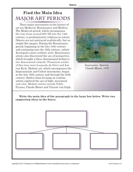 Main Idea Worksheet Activity about Major Art Periods