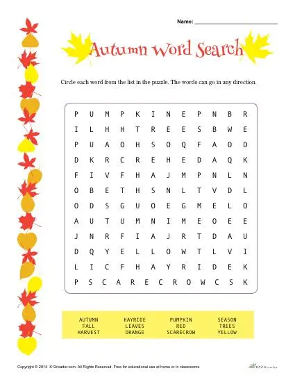Autumn Word Search Activity
