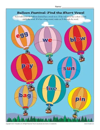 Balloon Festival - Find the Short Vowel Worksheet Practice Activity