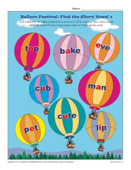 Balloon Festival - Find the Short Vowel - Free, Printable Worksheet Lesson Activity