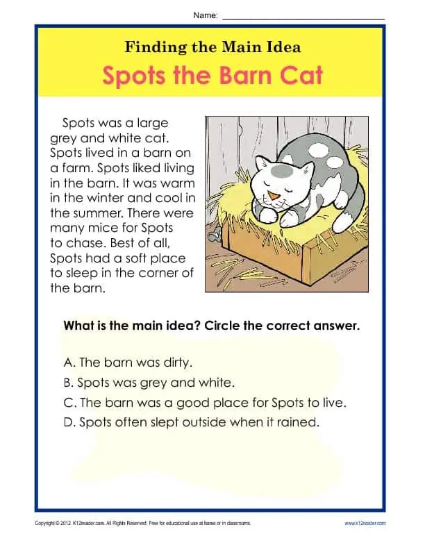 1st or 2nd Grade Main Idea Worksheet About Spots The Barn Cat