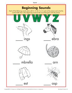 Beginning Sounds Worksheet Practice Activity - uvwyz