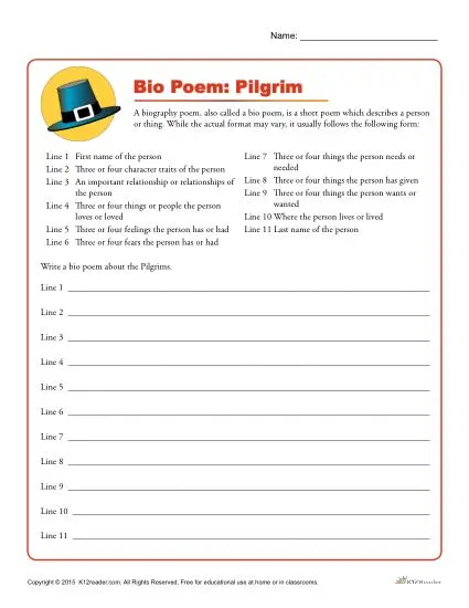 Thanksgiving Bio Poem: Write about the Pilgrims