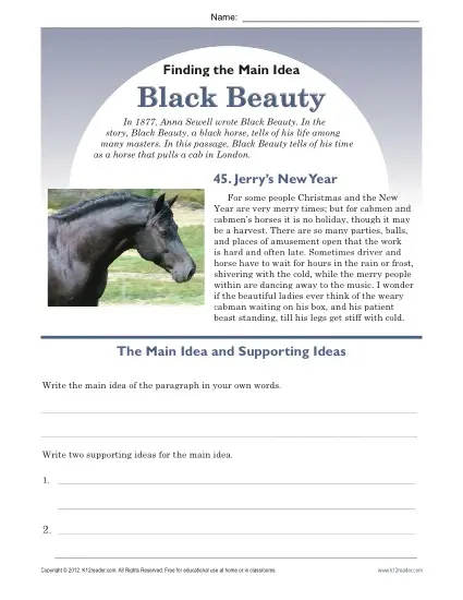 Printable Main Idea Worksheet about Black Beauty