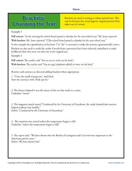 Brackets: Changing the Text - Punctuation Worksheet Activity