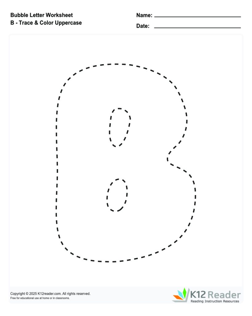 Bubble Letters Trace and Color Uppercase B - Reading Worksheets ...