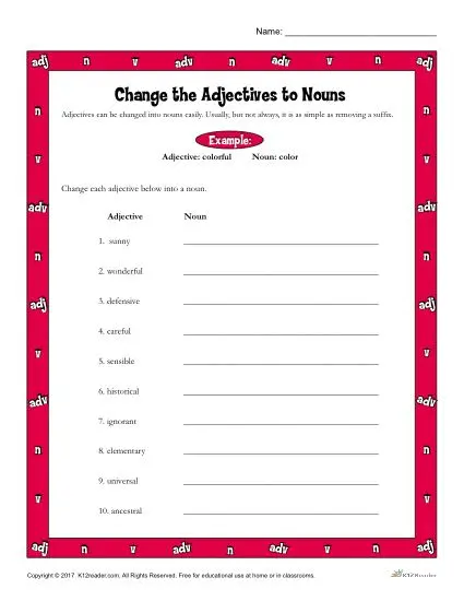 Change the Adjectives to Nouns Worksheet Activity