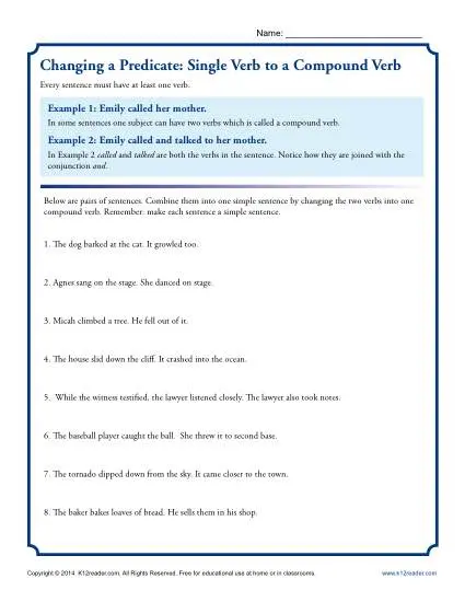 Worksheet Activity to Practice Changing a Predicate Single Verb to a Compound Verb