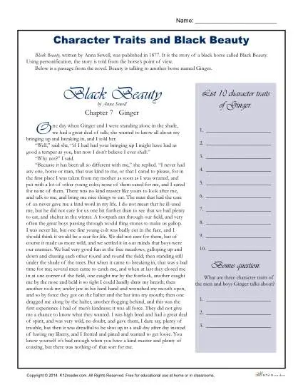 Character Traits Worksheets Black Beauty