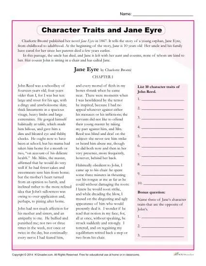 Character Traits Worksheets | Jane Eyre