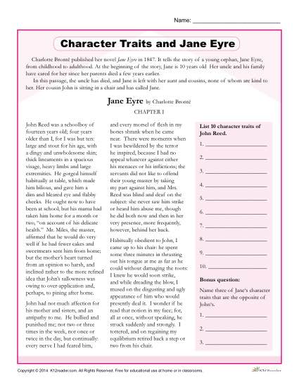 Character Traits Worksheets Jane Eyre