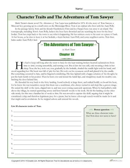 Character Traits Worksheets The Adventures Of Tom Sawyer