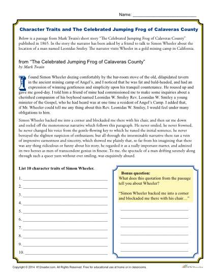 Celebrated Jumping Frog Of Calaveras County Character Traits Worksheets