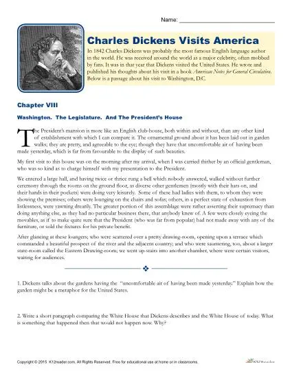 Printable Reading Comprehension Worksheet - Charles Dickens Visits America