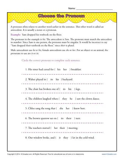 Choose the Pronoun | Pronoun Agreement Worksheet