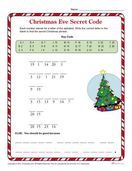 Christmas Eve Secret Code | Christmas Worksheets For Kids