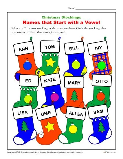 Christmas Stocking Worksheet - Names that start with vowels