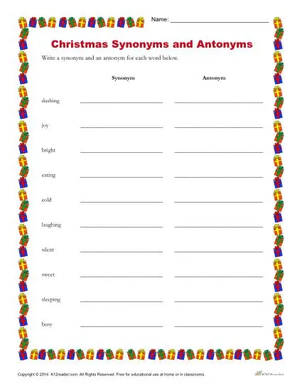 Christmas Synonyms and Antonyms Activity Worksheet