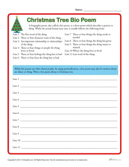 Christmas Tree Bio Poem Activity Worksheet