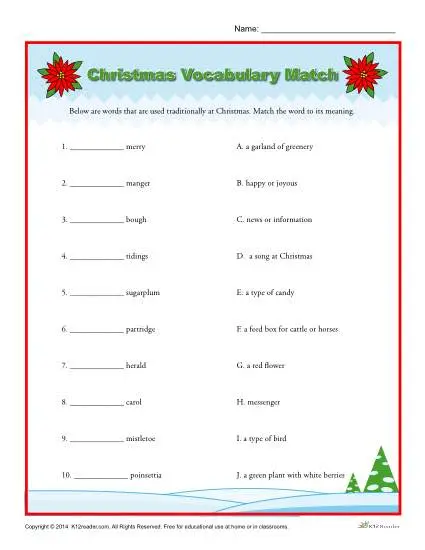 Christmas Vocabulary Match Christmas Worksheets