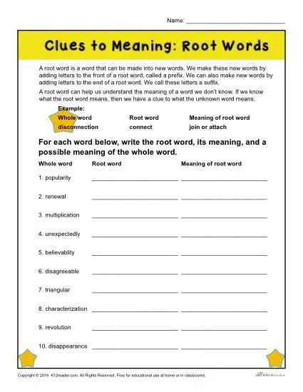 Printable Root Words Worksheet - Clues to the Meaning