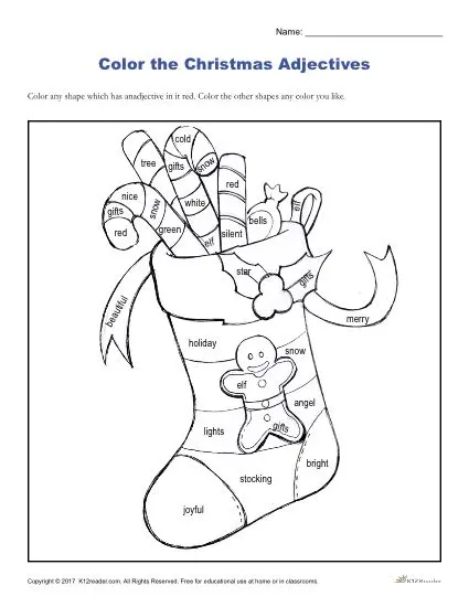 christmas adjectives  printable christmas coloring activity