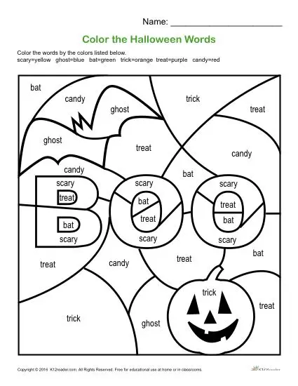 Color the Halloween Words | Printable 1st-3rd Grade Halloween Activity