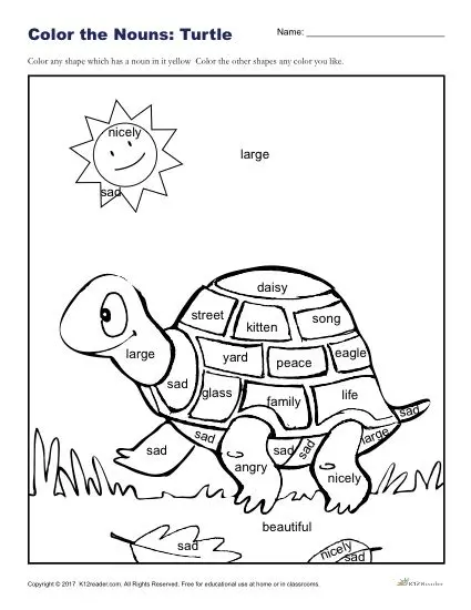 Color the Nouns: Fun Turtle Coloring Sheet for Kids