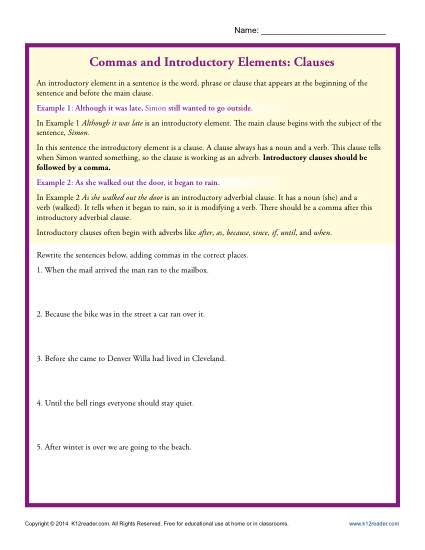 Commas And Introductory Elements Clauses Punctuation Worksheets