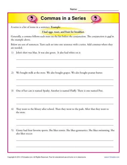 Commas in a Series - Printable Worksheet Lesson Activity
