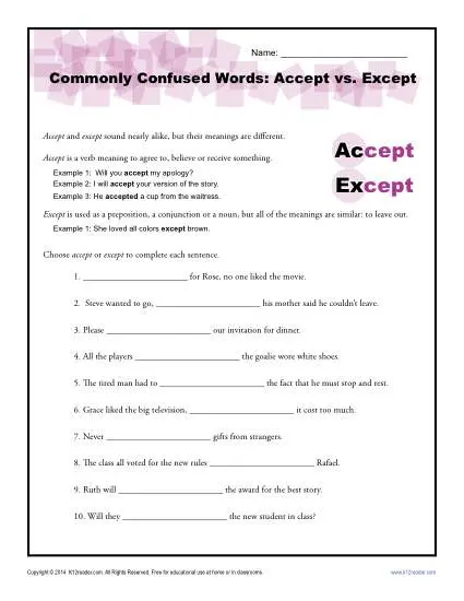 Accept vs. Except Worksheet | Easily Confused Words