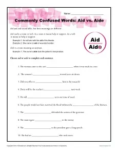 Aid vs. Aide - Commonly Confused Words Worksheet