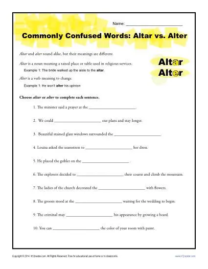 Altar vs. Alter - Commonly Confused Words Practice Worksheet