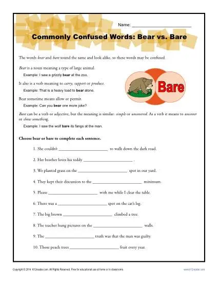 Bear vs. Bare - Commonly Confused Words Worksheet Activity