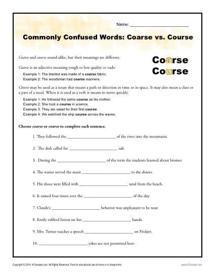 Course vs Coarse - Commonly Confused Words Practice Activity