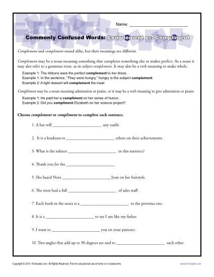 Complement vs. Compliment Worksheet | Commonly Confused Words