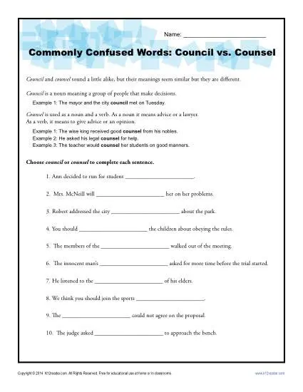 Council vs. Counsel - Commonly Confused Words Practice Worksheet