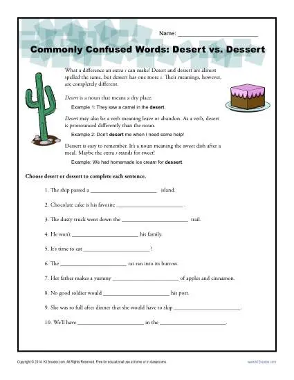 Desert vs. Dessert - Commonly Confused Words Worksheet Activity