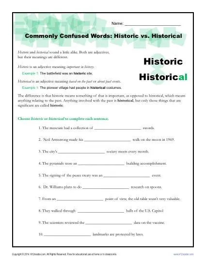 Commonly Confused Words Worksheet Activity - Historic vs Historical