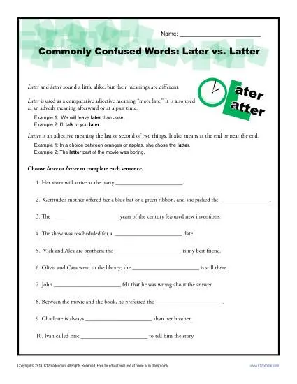 Later vs. Latter - Commonly Confused Words Practice Worksheet